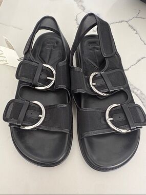 Zara Black Double-Buckle mesh and vegan Slingback Sandals. Nice arch. 38.